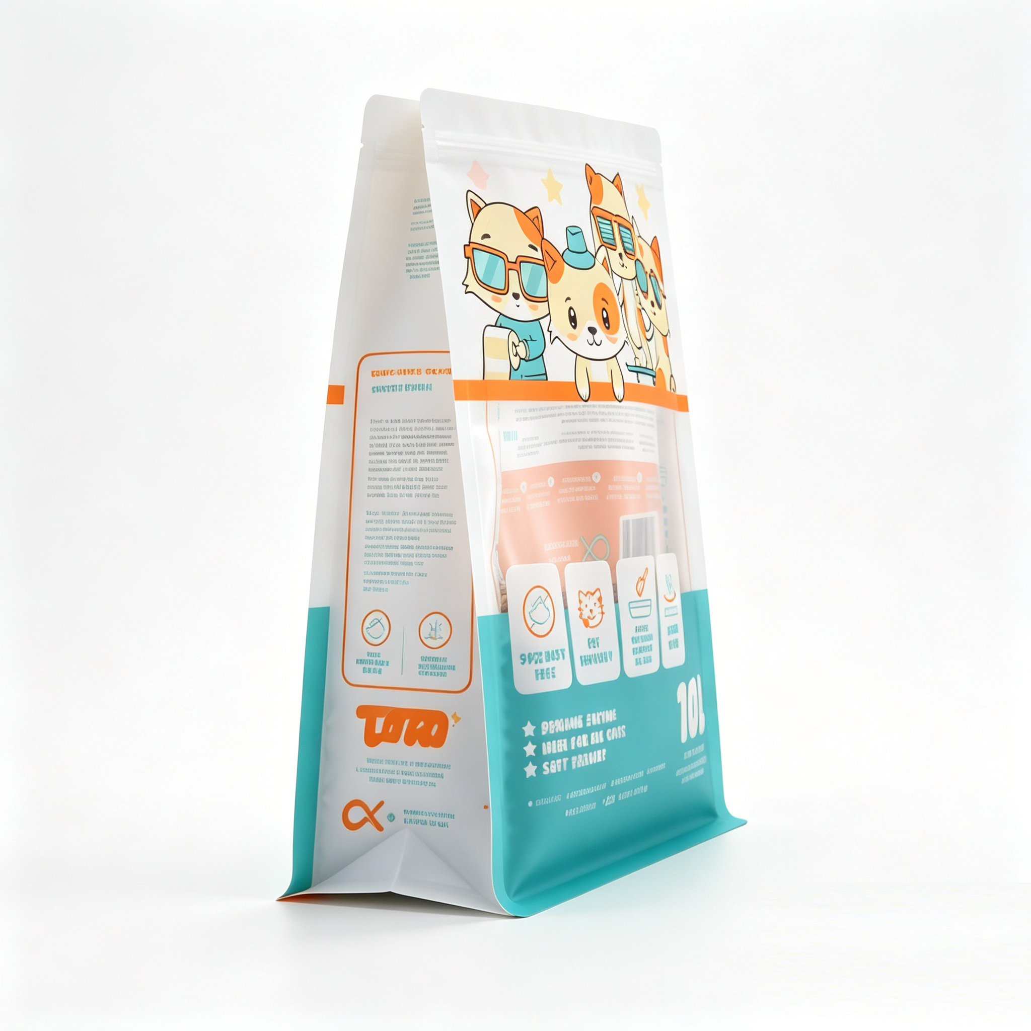 Colorful Cartoon Eight Side Seal Cat Litter Bag With Handle & Window | Custom Printed 10L Bentonite Cat Litter Flat Bottom Zipper Packaging Pouch