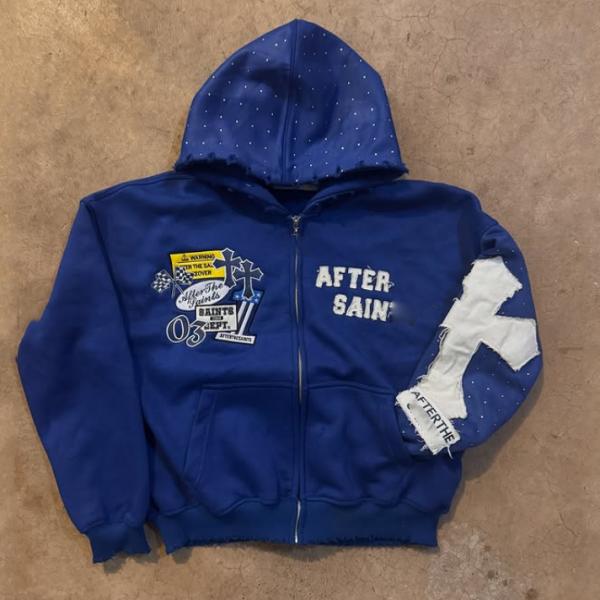 Custom Autumn Winter Distressed Embroidery Rhinestone Heavyweight 500 Gsm French Terry Boxy Oversized Zip up Hoodie