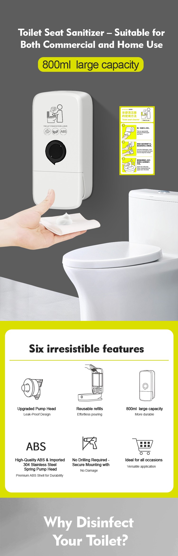 ABS Plastic 800ML Toilet Foam Soap Dispenser Commercial Wall Mounted Sanitizer Dispenser