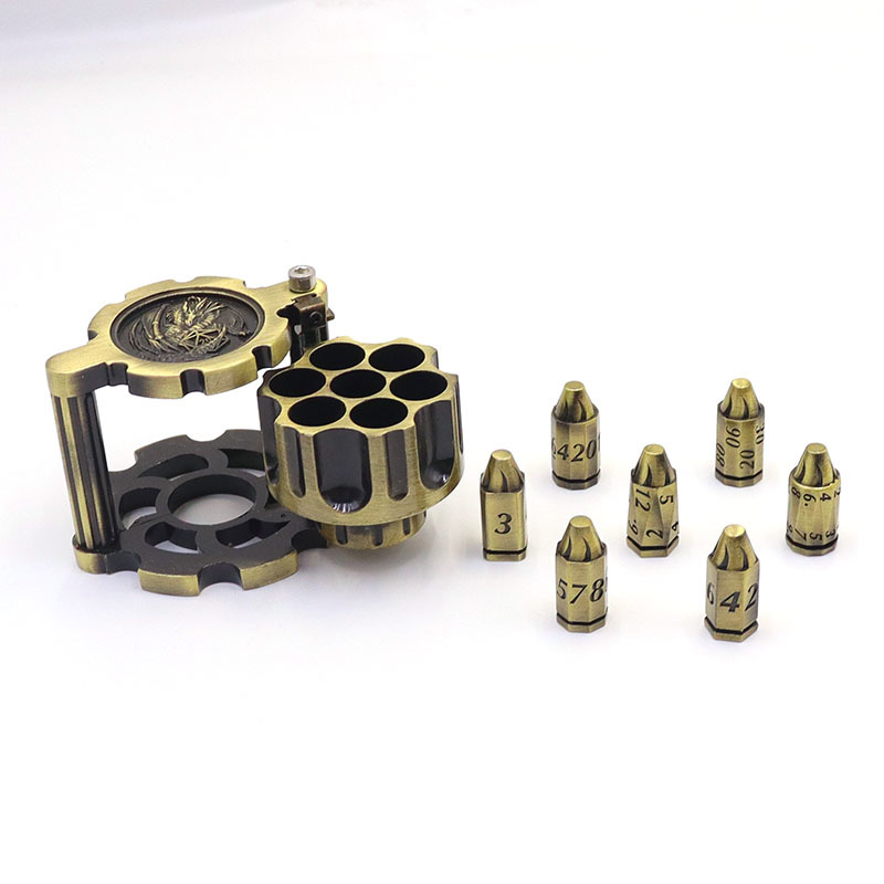 Rotatable Revolver Cylinder Metal Dice Set with Antique Bronze Zinc Alloy Bullet Shaped Polyhedral Dice for RPG Games
