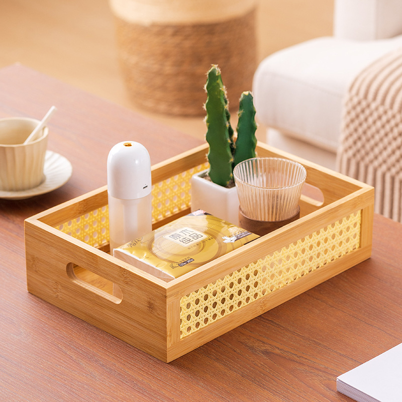 Handmade Modern Trendy Rattan Storage Basket Bamboo Woven Bin with Wooden Frame Handles Rustic Farmhouse Decorative Wicker Box