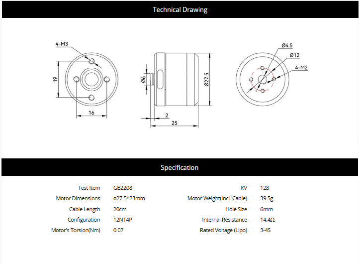 T-MOTOR Brushless Motor Gimbal Type GB2208 3-4S UAV Drone Motor KV128 for Small Cogging Torque and Aerial Photography