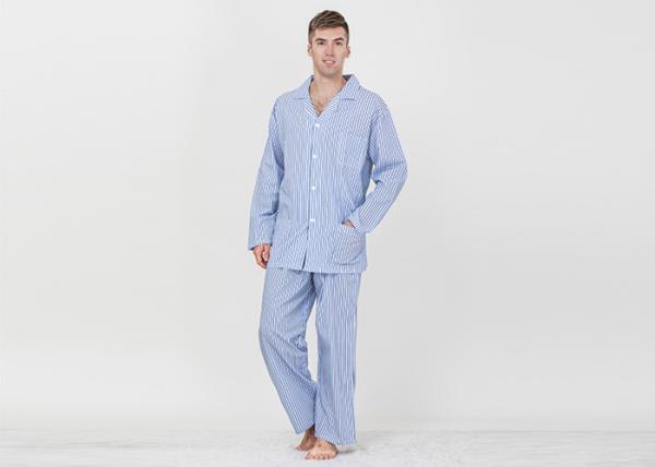 Blue Striped Style Mens Luxury Sleepwear / Mens Long Sleeve Pjs Fashion Design