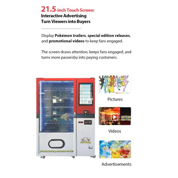 Compact Pokemon Vending Machine with Customized Stickers with Card Reader Suitable for Selling TCG Product
