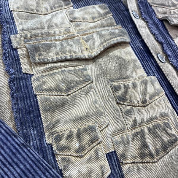 Custom Retro Patchwork Pocket Streetwear Denim Jacket Wash Vintage Distressed Button Up Cargo Jacket For Men