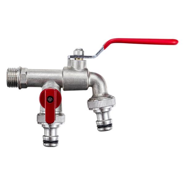 Double Head Water Hose Connector Dual Valve Brass Garden 2 Outlet Bibcock Water Tap