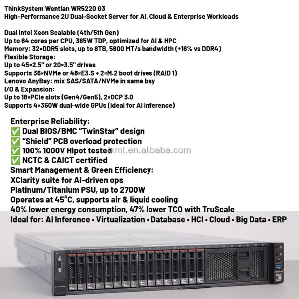 Lenovo WenTian 5220G3 Intel Xeon Server Silver 4510 12C 150W 2.4GHz RAID 5350 - 8i Sliding Rail