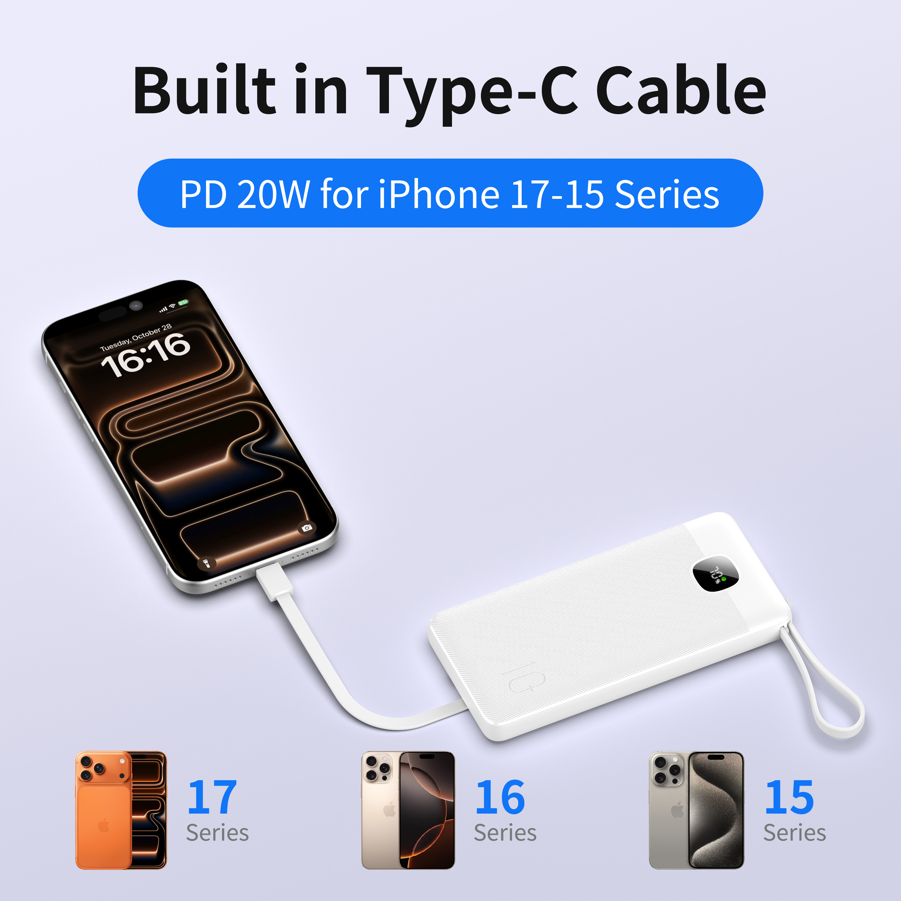 10000mAh Fast Charging Power Bank With 3 Built‑in Cables(Type‑C, Lightning, USB), Type‑C Input & Output Port, USB‑A Output Port, LCD Digital Battery Display Portable External Battery Pack