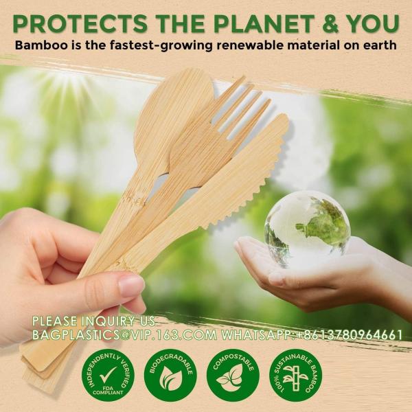 Disposable Outdoor Bamboo Utensils, 100% Bamboo Cutlery Wooden Cutlery  Eco-Friendly Compostable Cutlery