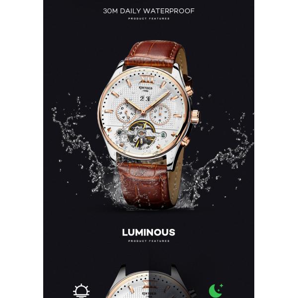 KINYUED Power Reserve Sport Custom Waterproof Watch Genuine Leather Strap For Watch Mechanical Wristwatch