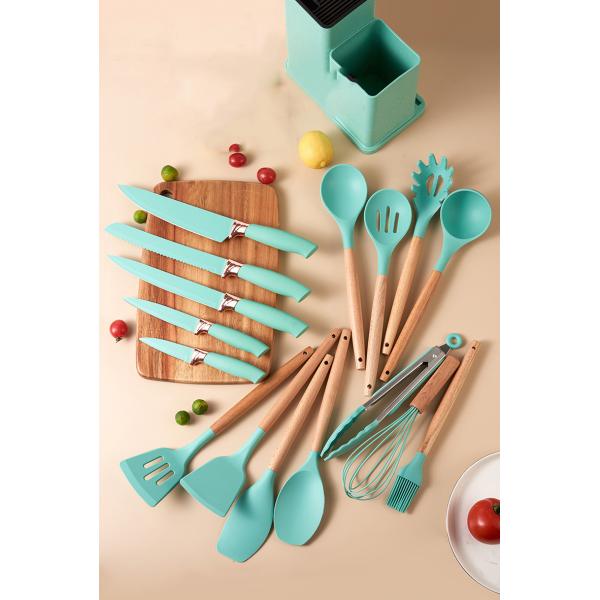 19 Pcs Wooden Handle Silicone Kitchenware Set for Cooking Tools and Stocked Restaurant