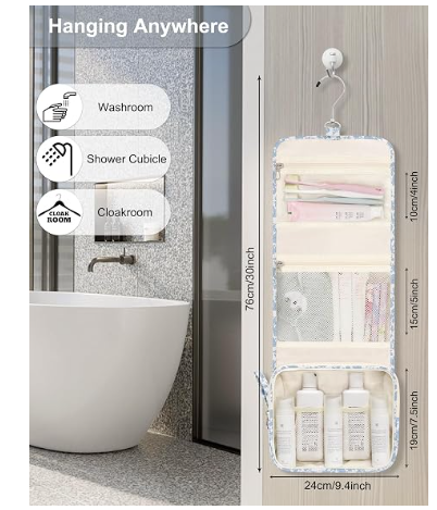 Small Hanging Toiletry Bag for Women, Floral Hanging Organizer | Portable Travel Bag for Travel-Sized Shower Dopp Kit, Waterproof Toiletries Organizer with 3 Compartments for Outdoor