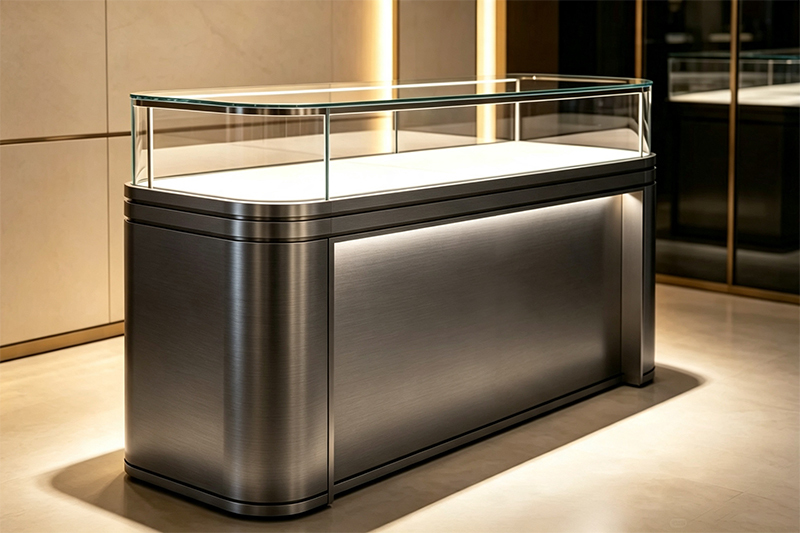 Custom Curved Tempered Glass Stainless Steel Jewelry Display Counter with Lockable Storage for Luxury Jewelry Stores