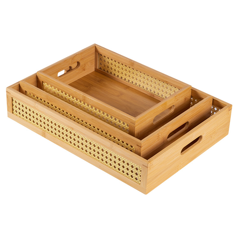 Handmade Modern Trendy Rattan Storage Basket Bamboo Woven Bin with Wooden Frame Handles Rustic Farmhouse Decorative Wicker Box