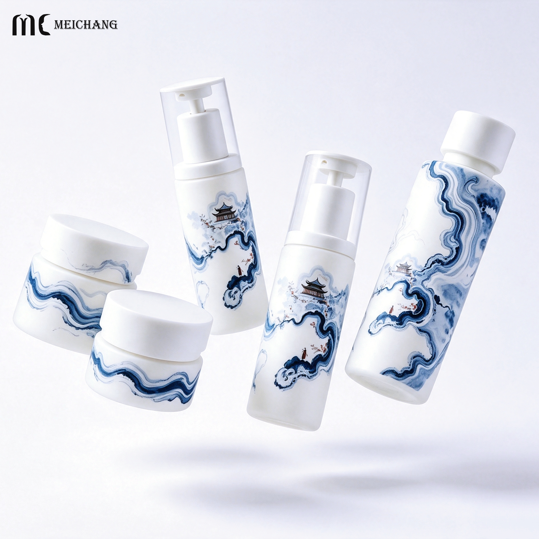 Blue & White Oriental Design Light-Blocking Glass Skincare Bottle with UV Protection Coating and Customizable Decoration