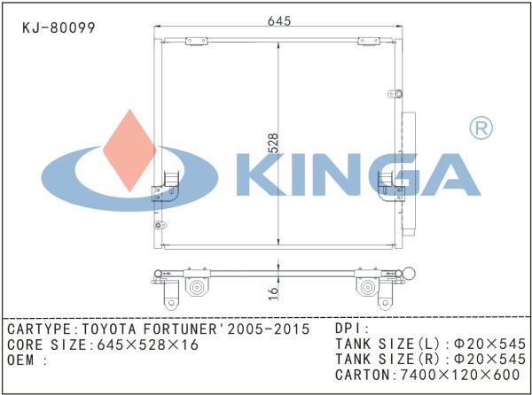 Toyota Air Conditioner Condenser For Fortuner 2005 - 2015 Core Size 645 * 528 * 16