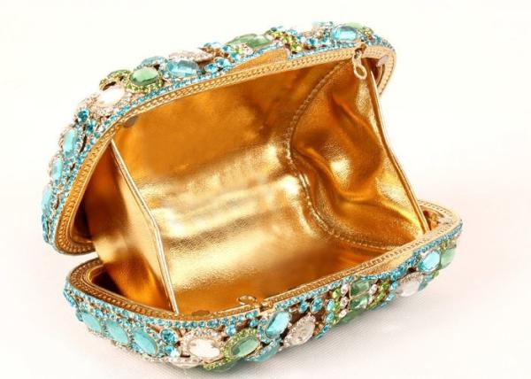 Hard Case Handmade Stone Clutch Bag Malachite Green Crystal With Golden Lining
