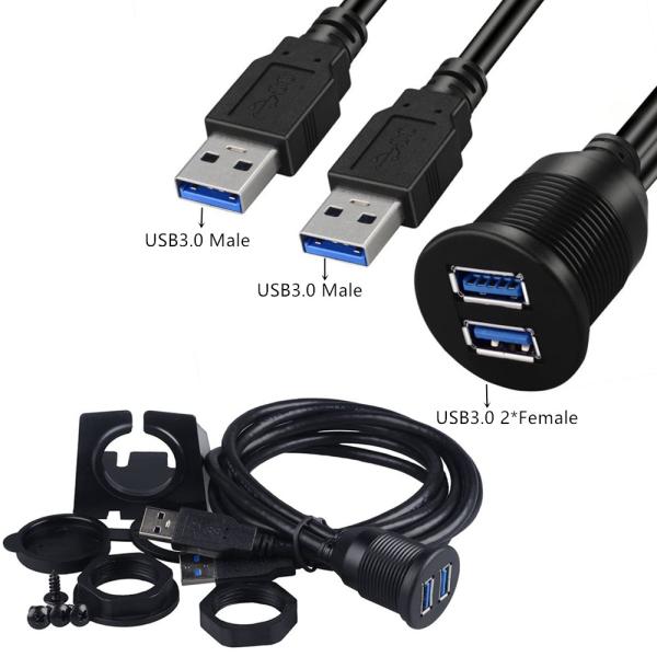 Car Dashboard Panel Flush Mount USB 3.0 Dual Port Dock Adapter Male to Female Extension Cable