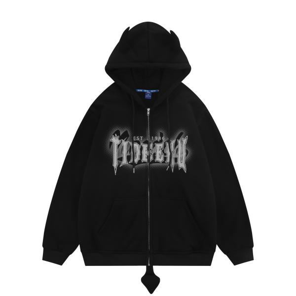 Camisa com capuz e fechadura de 8 oz e 12 onças Corno do Diabo Fleece Impresso Branco Unisexo Homem de Casais Superdimensional Suéter Fechado