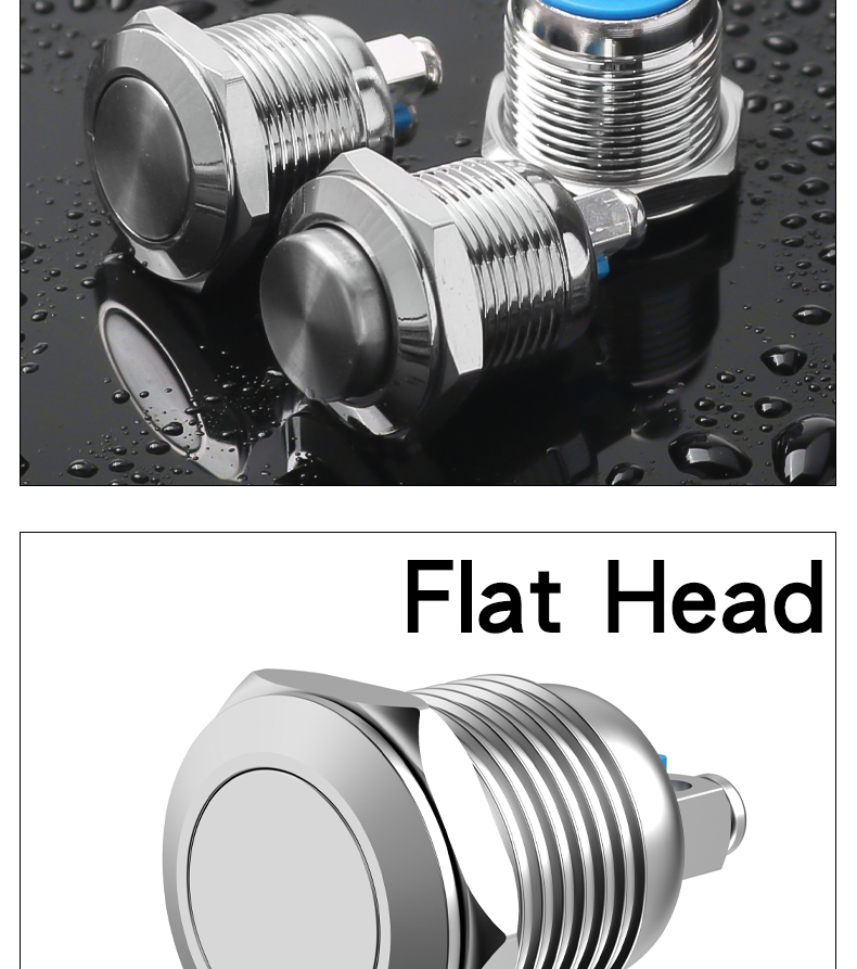 Momentary 12mm Metal Push Button Switch Screw Foot Copper Nickel Plated Shell 1NO High/Flat Head 6V 24V 220V