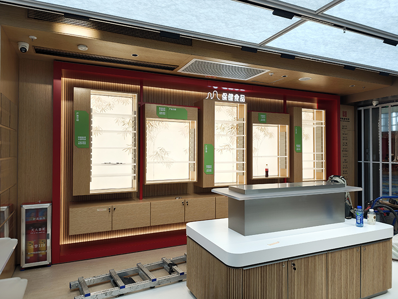 Custom Pharmacy Full Store Fixture Wooden Medicine Display Cabinet With LED Light
