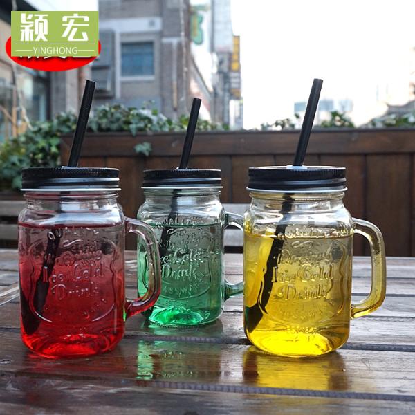 Wholesale cheap Hot selling colored drinking glass mason jar with handle