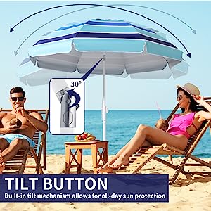 Heavy Duty High Wind Beach Umbrella Parasols Sand Anchor & Tilt Sun Shelter, UV 50+ Protection Outdoor Sunshade