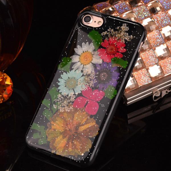 Soft TPU Black Colorful Real Flowers Specimen Cell Phone Case Back Cover for iPhone7 7 plus 6s plus