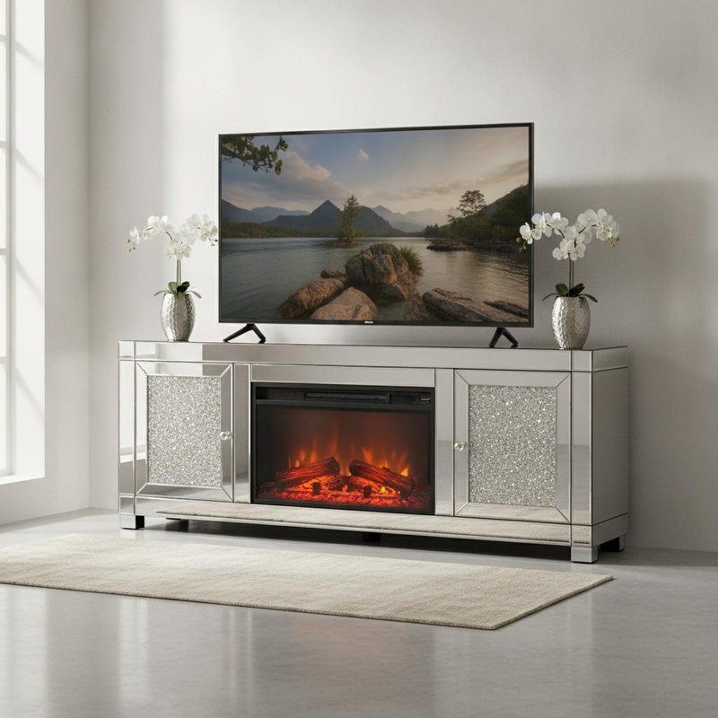 JSBL1301 Crushed Crystal Mirror Design Electric Fireplace TV Stand with Remote Control and 7-Color Dimmable Flame Effect