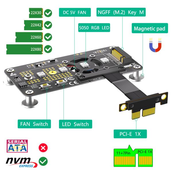 PCI-E X1 до M.2 NVME NGFF SSD кабель расширения адаптера с охлаждающим вентилятором и светодиодом автоматического изменения цвета.
