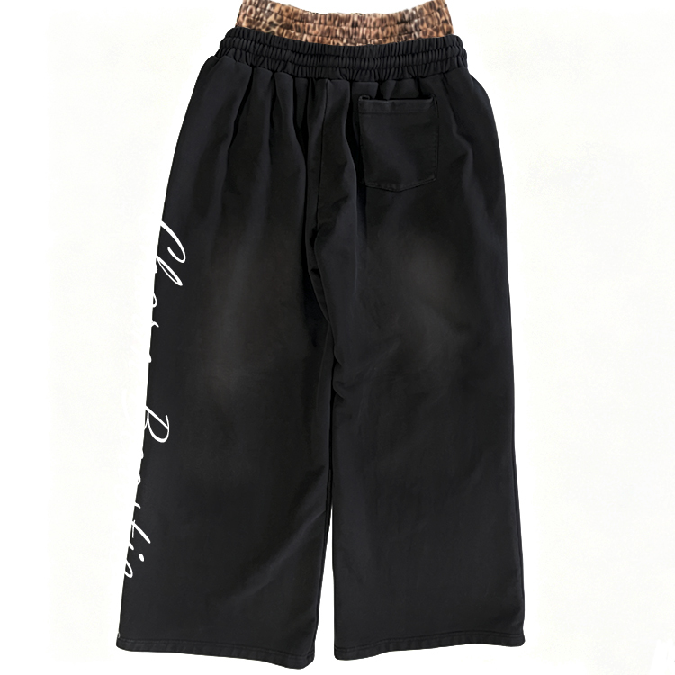 Faded Mens Wide Leg Pants Leopard Waist Terry Wide Leg Sweatpants Vertical Letter Embroidery