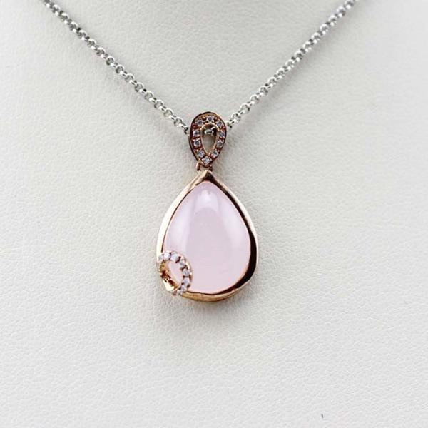 Rose Gold Plated Silver Chain with Rose Quartz Cubic Zirconia Pendant Necklace (PSJ0348)