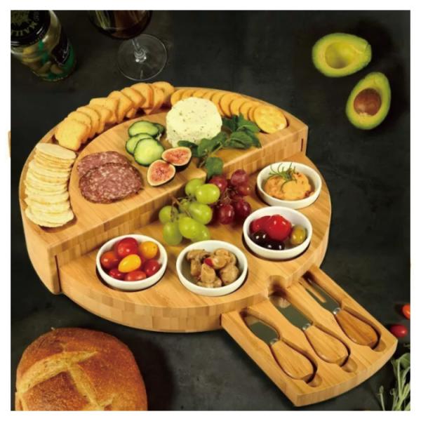 Best Gift Bamboo Tray Multi-function Round Shape Cheese Cutting Board with Knife Set