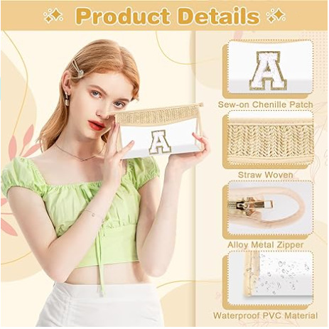 Straw woven clear Chenille Alphabet Makeup Bag Portable zipper waterproof PVC portable travel toiletry bag