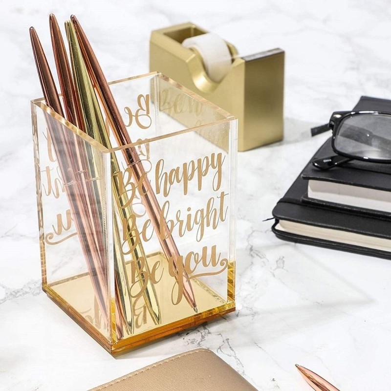 Customized Plastic Transparent square Pen Holder with Gold Mirrored Base and Gold logo Suitable for Home Office Use