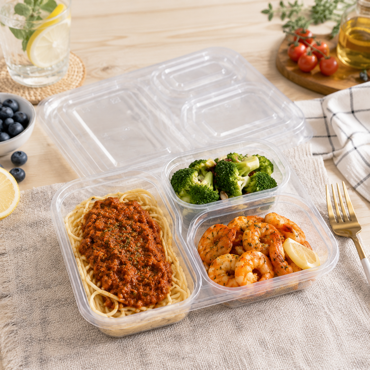 Catering Three Section Clear PP Compartment Food Containers for Meal Prep