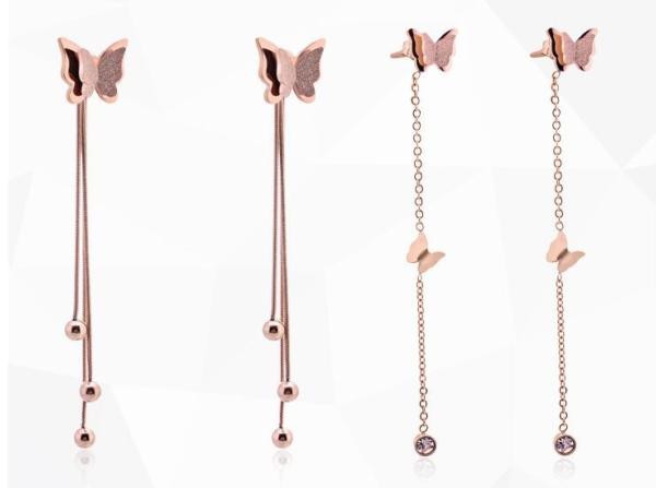 Fashionable Stud Butterfly  Jewelry , Ball Dangle Tassel Stainless Steel Earring, Rose Gold butterfly stud Earring