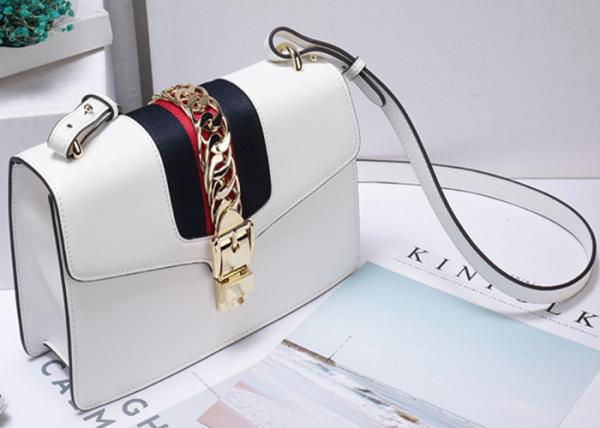 Leather Single Shoulder Bag With Lock Buckle , Slanting Bow Tie Striped Satin Ribbon Bag