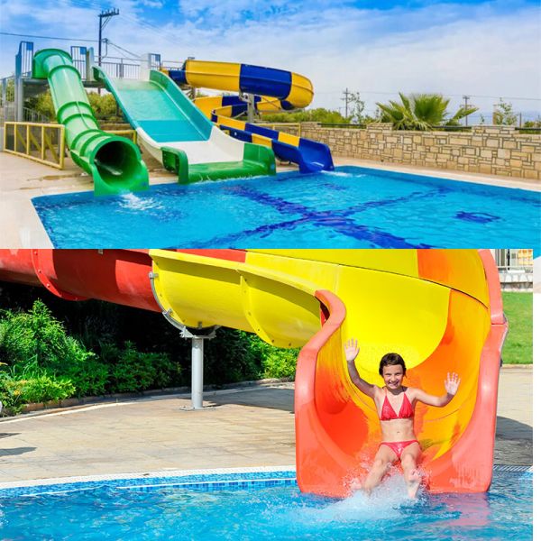 Water Theme Park Interactive Water Play Multi Colored Swim Pool Water Slide