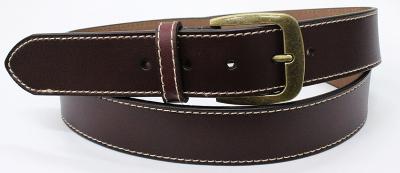 Dark Brown Split Leather Belt With Beige Stitching For Mens , Antic Brass Buckle
