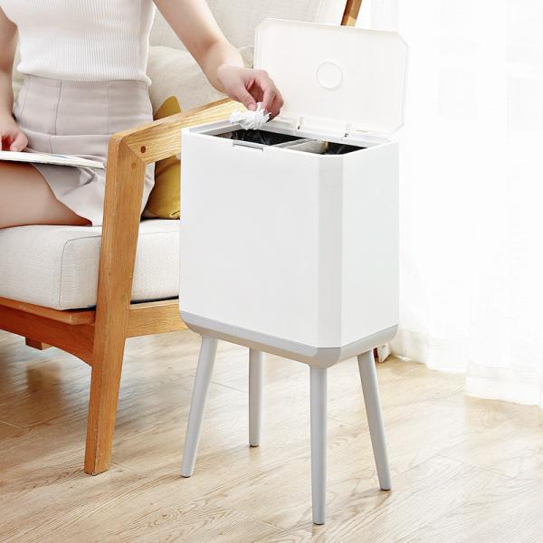 Trash Can with Lid Plastic Garbage Can with Push Button Narrow Modern Waste Basket for Kitchen Slim Dogproof Bedroom Garbage Bin