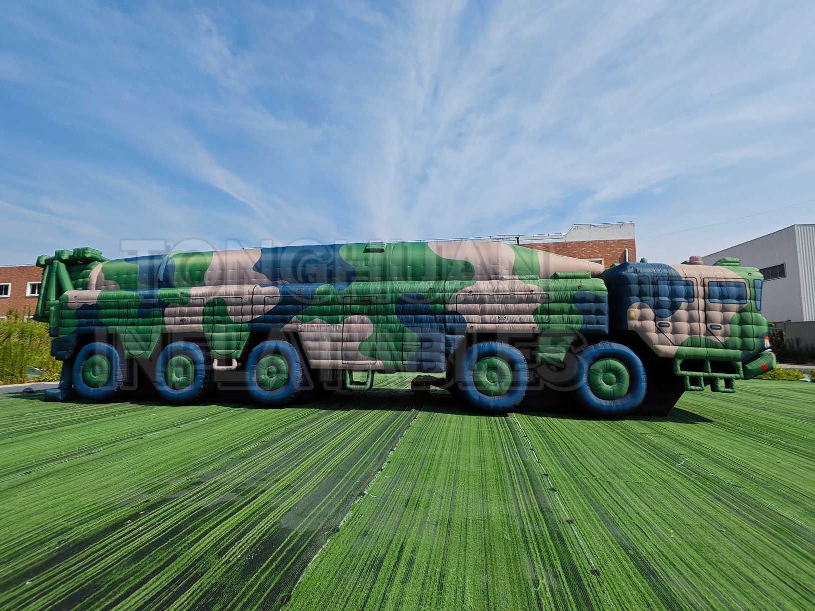 Custom Inflatable Launcher Vehicle Replica with Long Canister Body Multi Axle Chassis and Camouflage Printing for Training Displays and Outdoor Projects