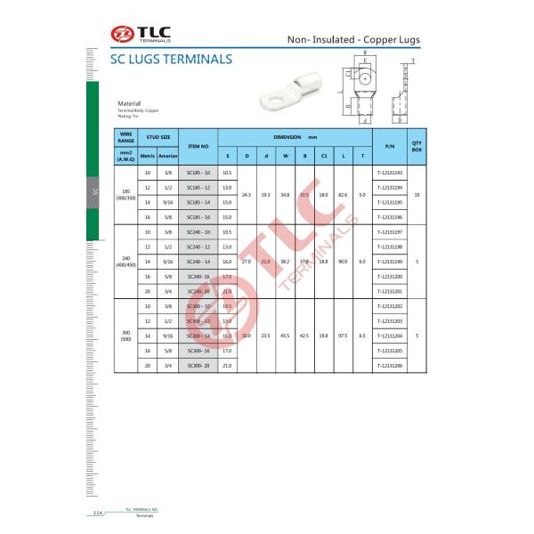 Temperature Range Tin Plated Tubular Cable Lugs 95-300mm2 -40C~+105C Terminal Lug