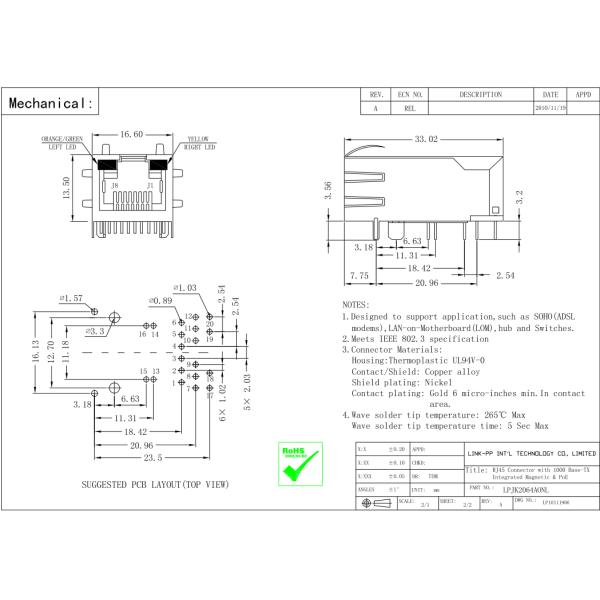 POE RJ45 Female Connector LPJK2064AONL Integrated Magnetics