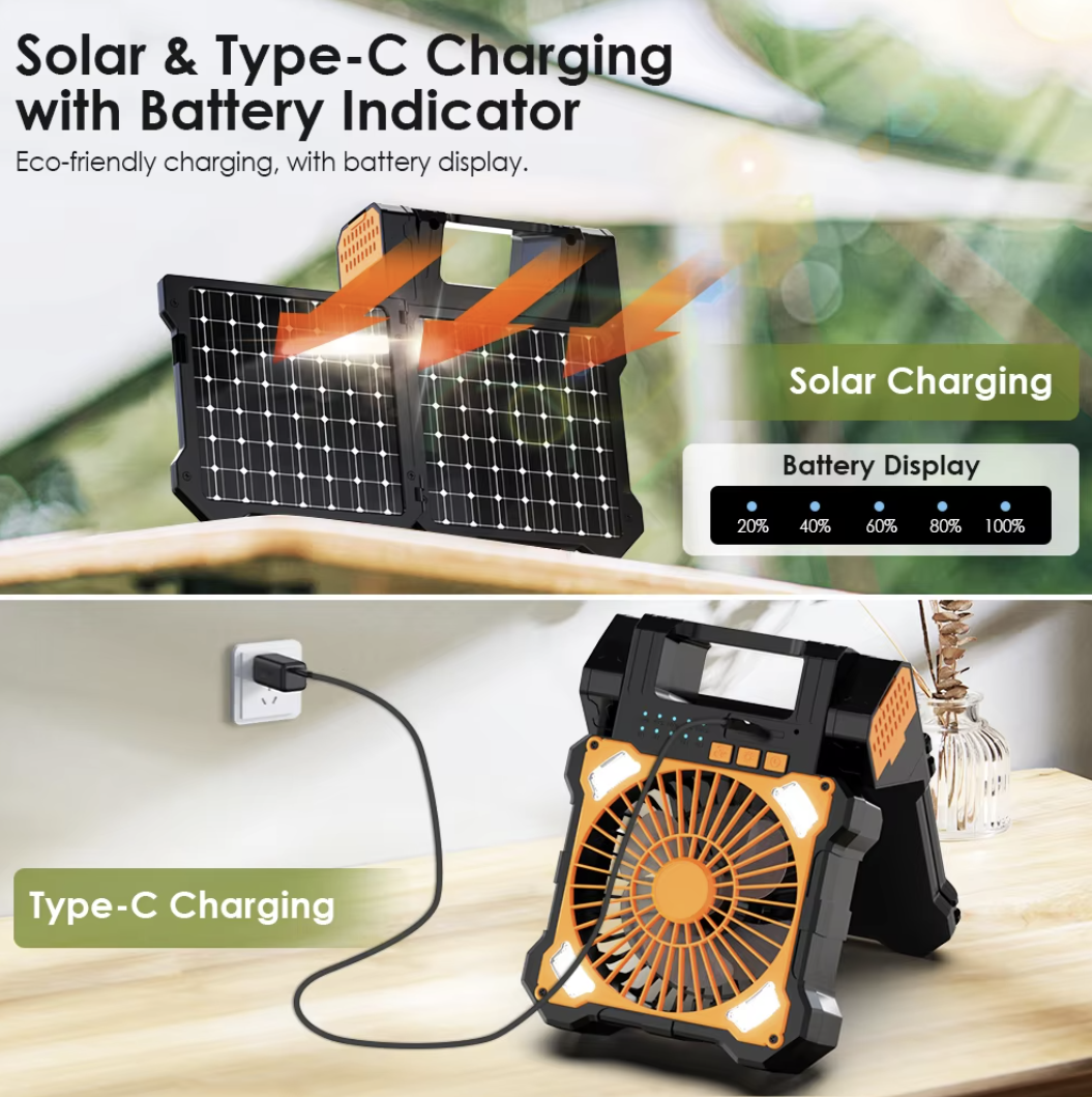 Solar Camping Fan with Dual Solar Panels Dimmable LED Light and Timer Function for Outdoor Use