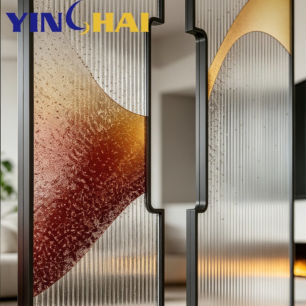Custom Stainless Steel Divider Screen with Vertical Rippled Gradient Decorative Glass