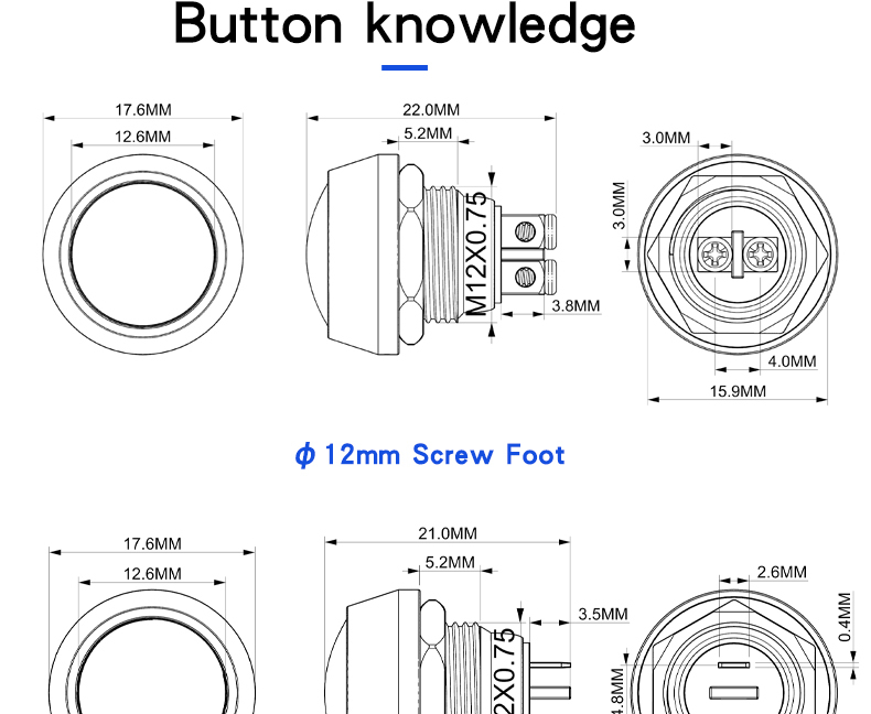 12mm Metal Pushbutton Switch, Screw Foot Welding Foot Semi-Oxygen Mini Ball Head Waterproof Self-Resetting Small Push button