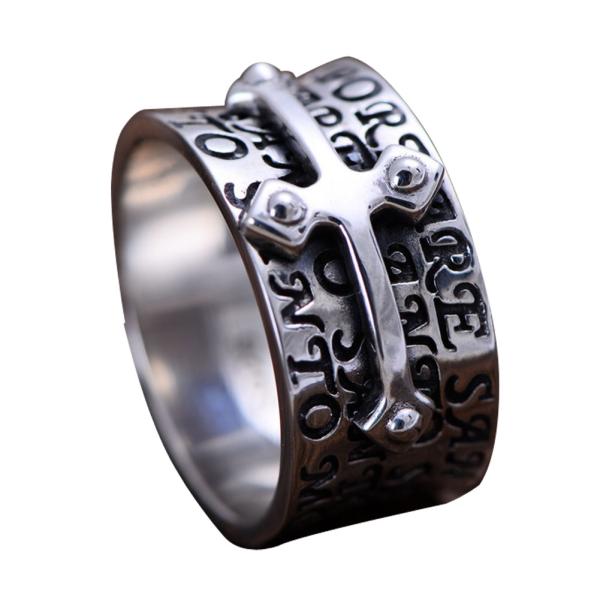 Men Retro Sterling 925 Silver Engraved Words Cross Band Style Ring (XH051940W)