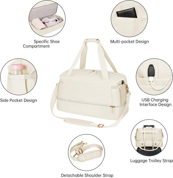 Women Overnight Weekender Tote Bags With Charging Port and Shoe Compartment