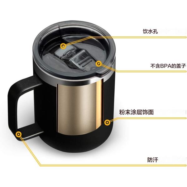 Taza de café de 12 oz con mango de doble pared de acero inoxidable aislada tumbler de bola baja que mantiene caliente y frío